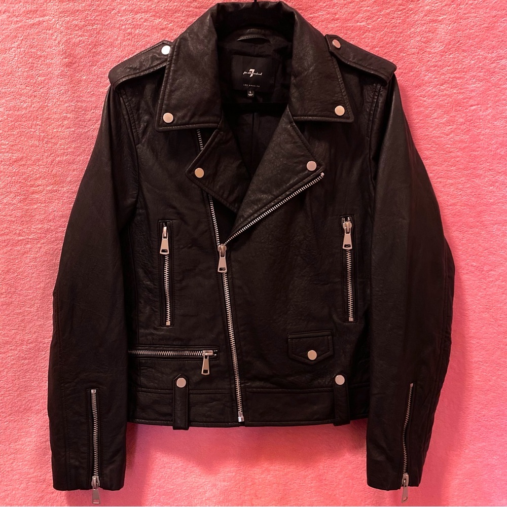 Seven for Mankind 100% Genuine Leather Jacket Black Silver Biker Rocker Large 7